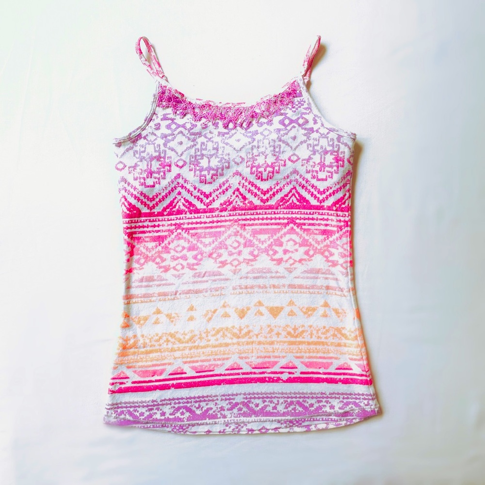 Girls Sz 12 Sparkly Tribal Print Tank Top With Beaded Fringe Neck Line